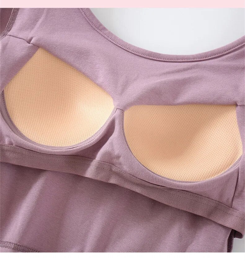 Tops cortos de verano con sujetador incorporado de algodón con cuello redondo