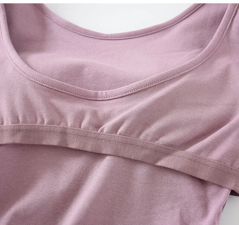 Tops cortos de verano con sujetador incorporado de algodón con cuello redondo