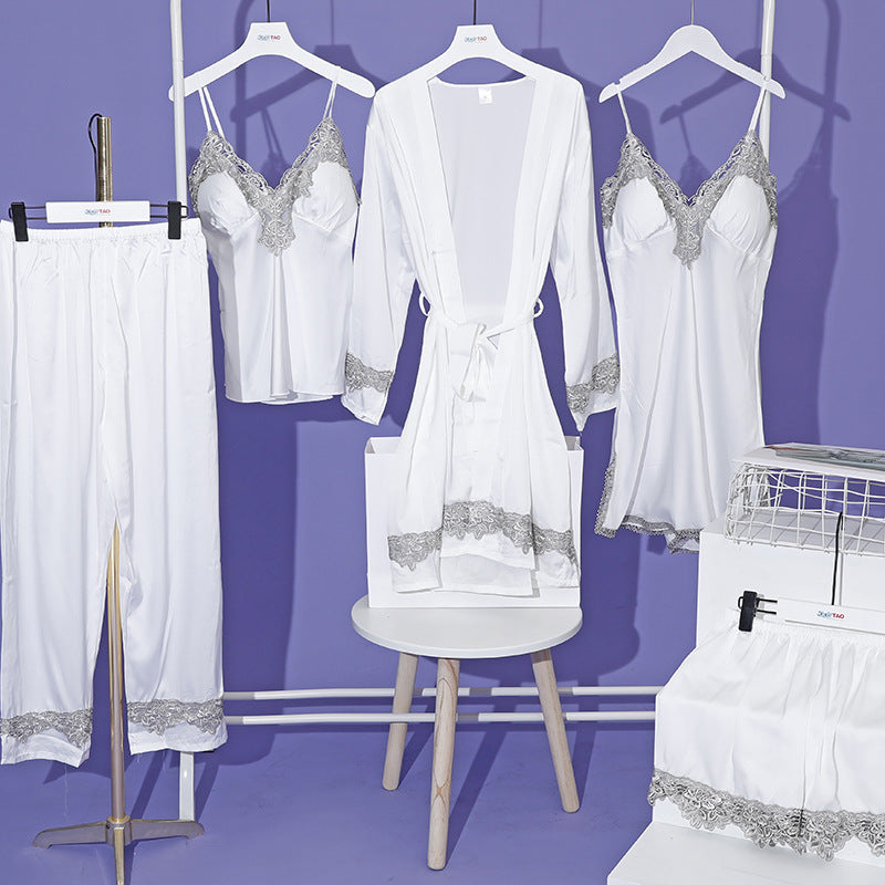 Lace Lingerie Robe and Nightie 5 Piece Set with Removable Bra Cups