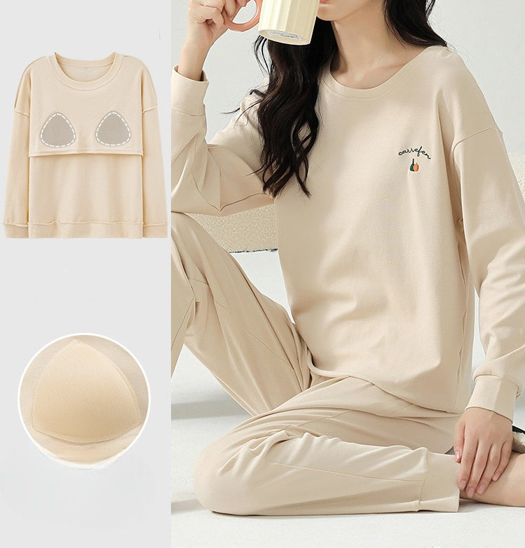 Long Sleeve Cute Pyjama Set with Bra Padding - Cotton