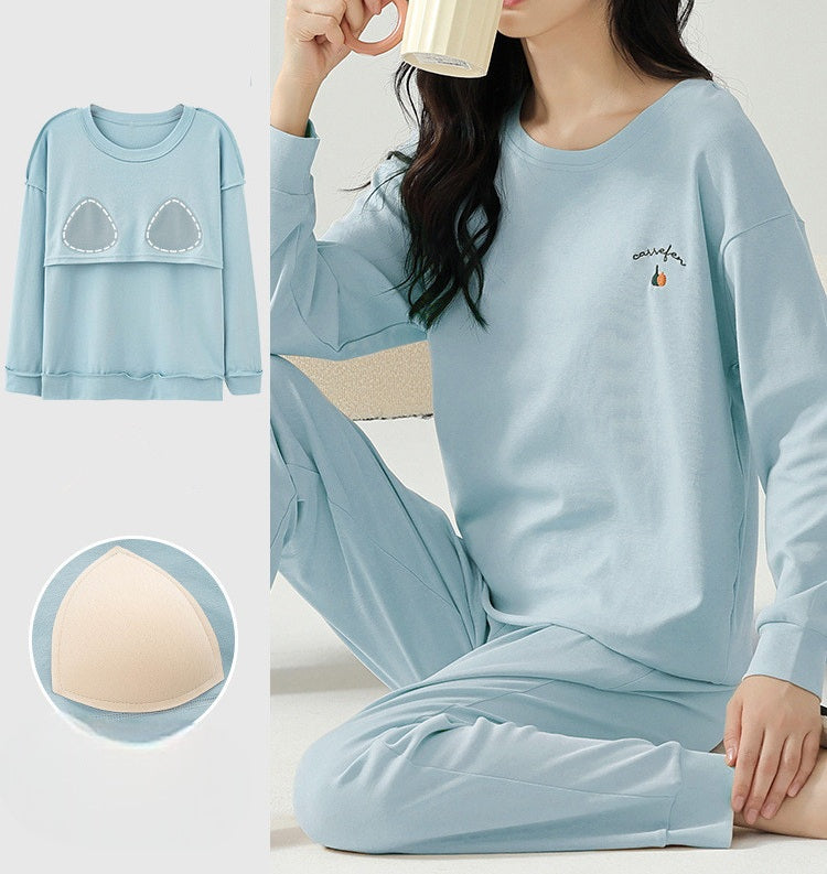 Long Sleeve Cute Pyjama Set with Bra Padding - Cotton