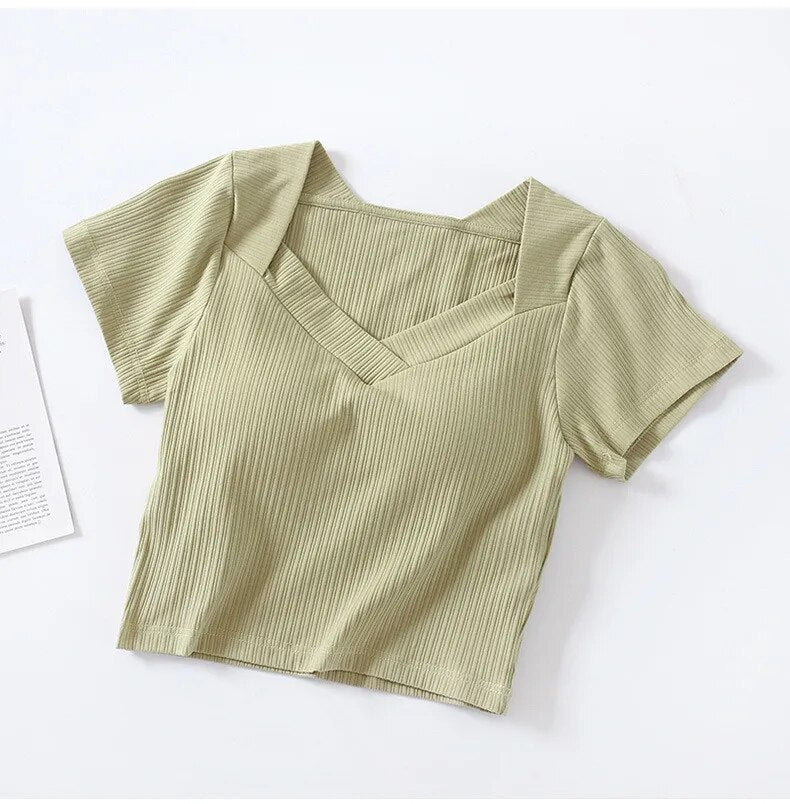 Camiseta corta de cuello en V con sujetador incorporado de algodón