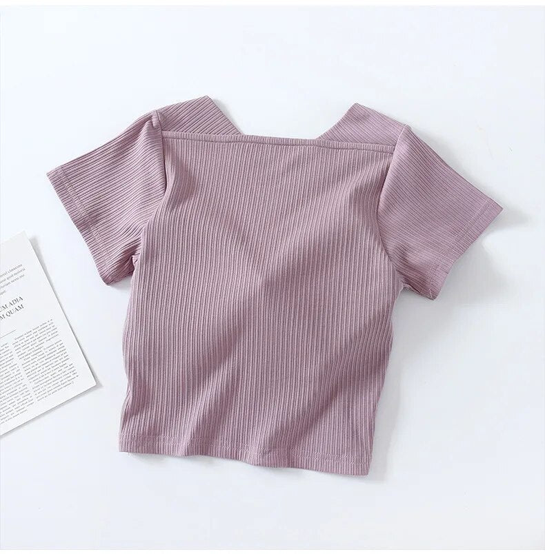 Camiseta corta de cuello en V con sujetador incorporado de algodón