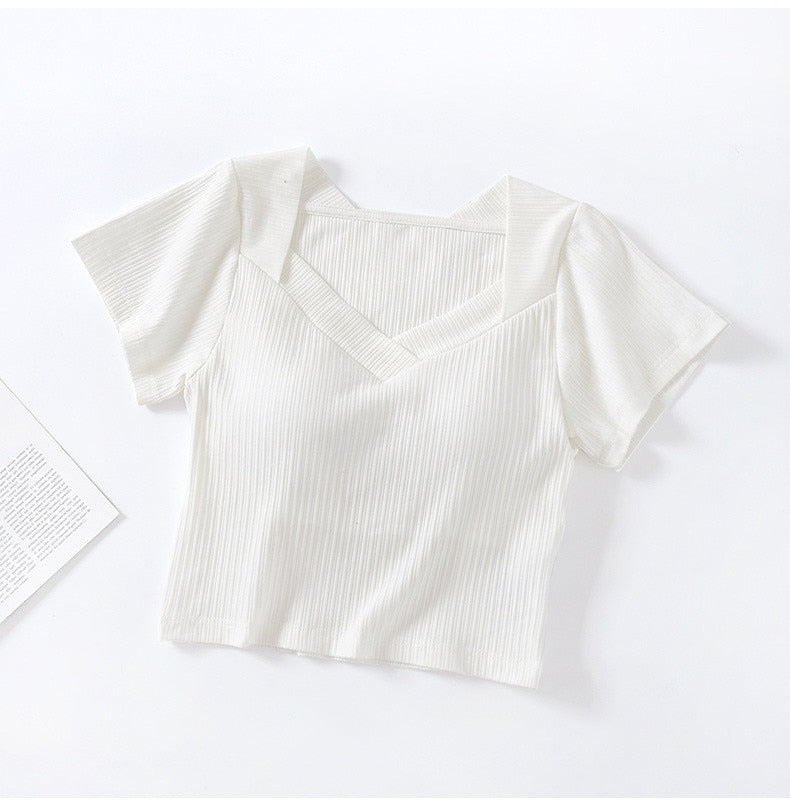 Camiseta corta de cuello en V con sujetador incorporado de algodón