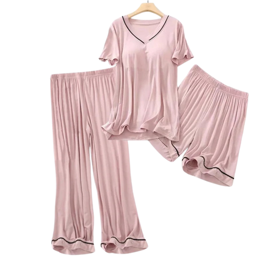 V-Neck Built-in-Bra 3 Piece Pyjama Set - Pants, Shorts and Top