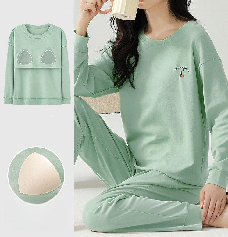 Long Sleeve Cute Pyjama Set with Bra Padding - Cotton