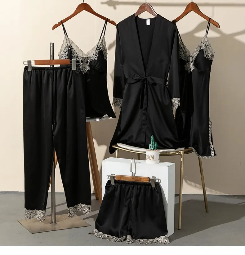 Lace Lingerie Robe and Nightie 5 Piece Set with Removable Bra Cups