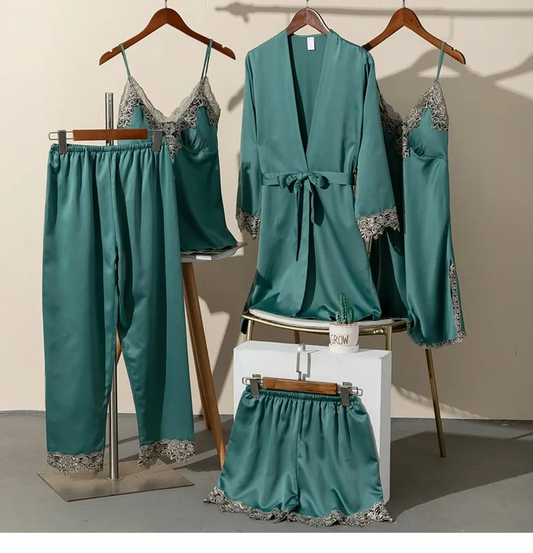 Lace Lingerie Robe and Nightie 5 Piece Set with Removable Bra Cups