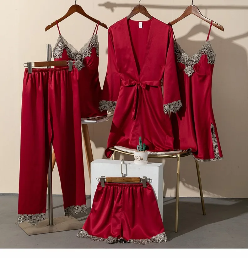 Lace Lingerie Robe and Nightie 5 Piece Set with Removable Bra Cups