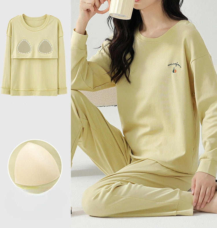 Long Sleeve Cute Pyjama Set with Bra Padding - Cotton