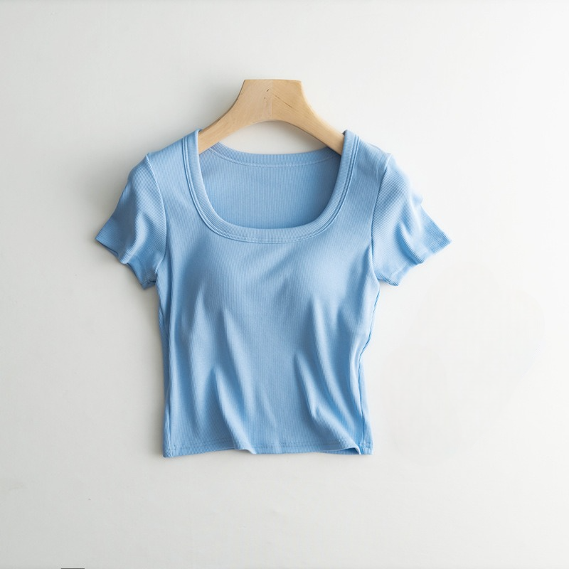 Scooped Neck Built in Bra T-Shirt Crop Length