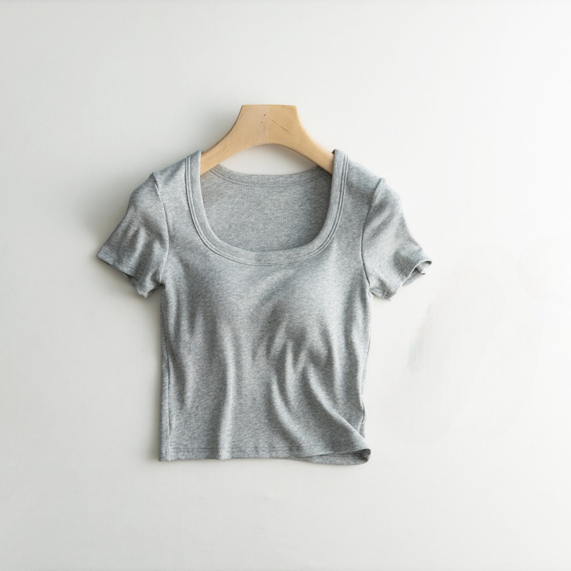Scooped Neck Built in Bra T-Shirt Crop Length