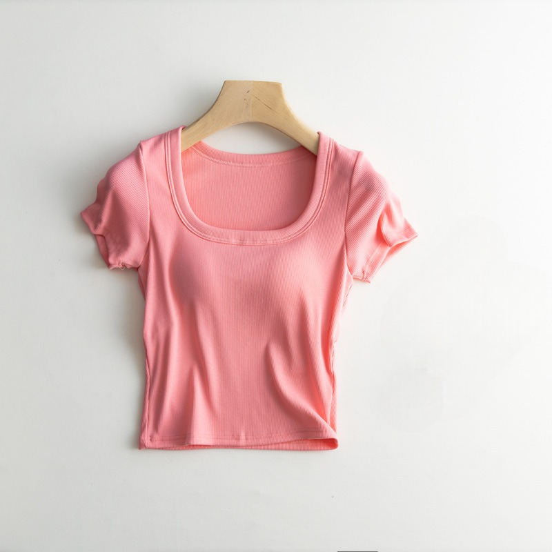 Scooped Neck Built in Bra T-Shirt Crop Length