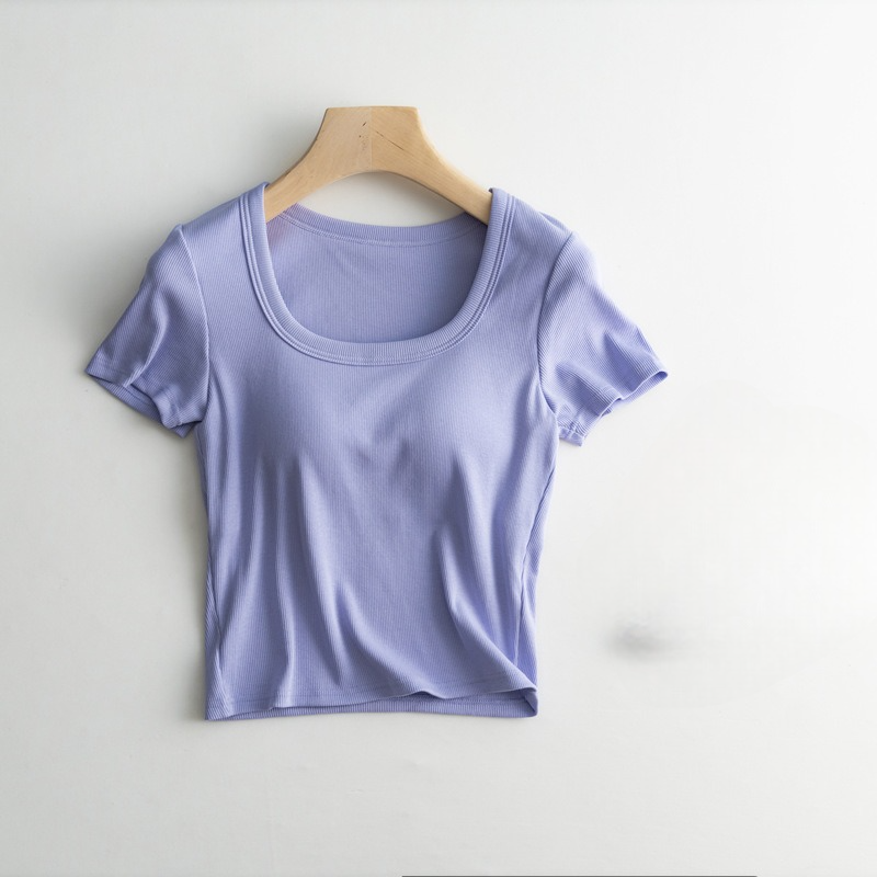 Scooped Neck Built in Bra T-Shirt Crop Length