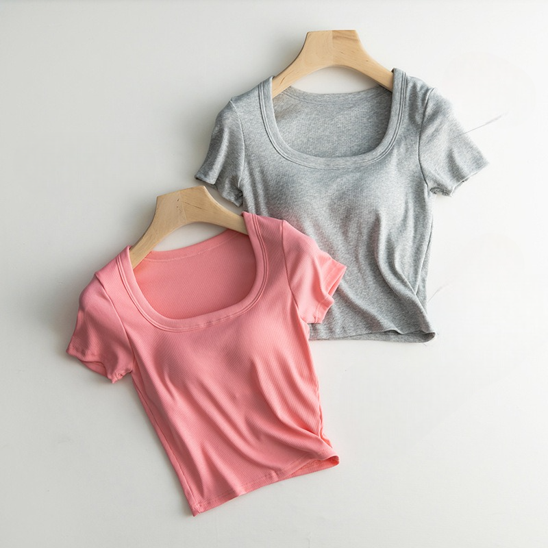 Scooped Neck Built in Bra T-Shirt Crop Length
