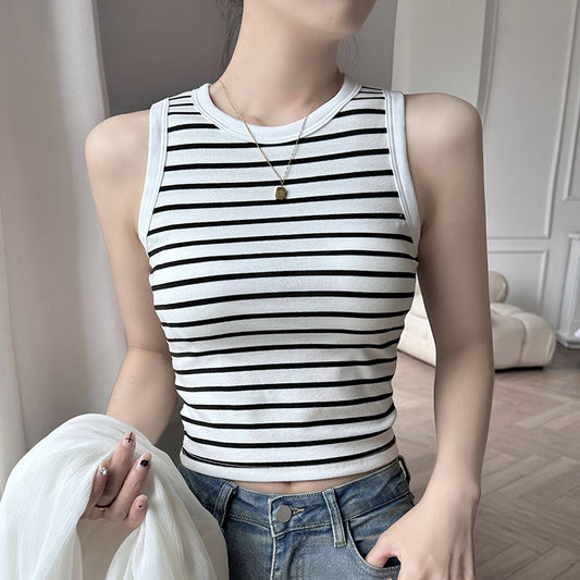 Summer Crop Tops with Built In Bra Knitted Striped Cotton