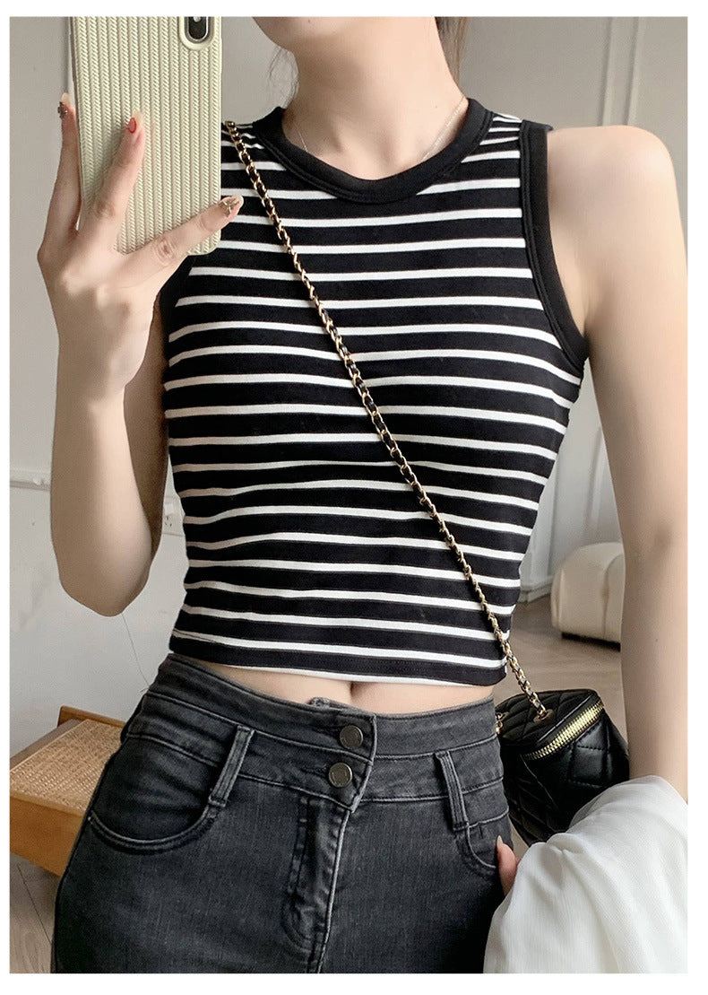 Summer Crop Tops with Built In Bra Knitted Striped Cotton