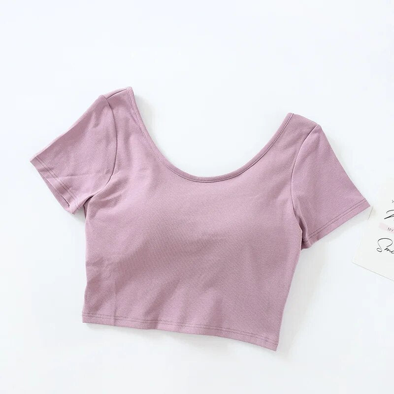 Summer Crop Tops with Built in Bra Round Neck Cotton