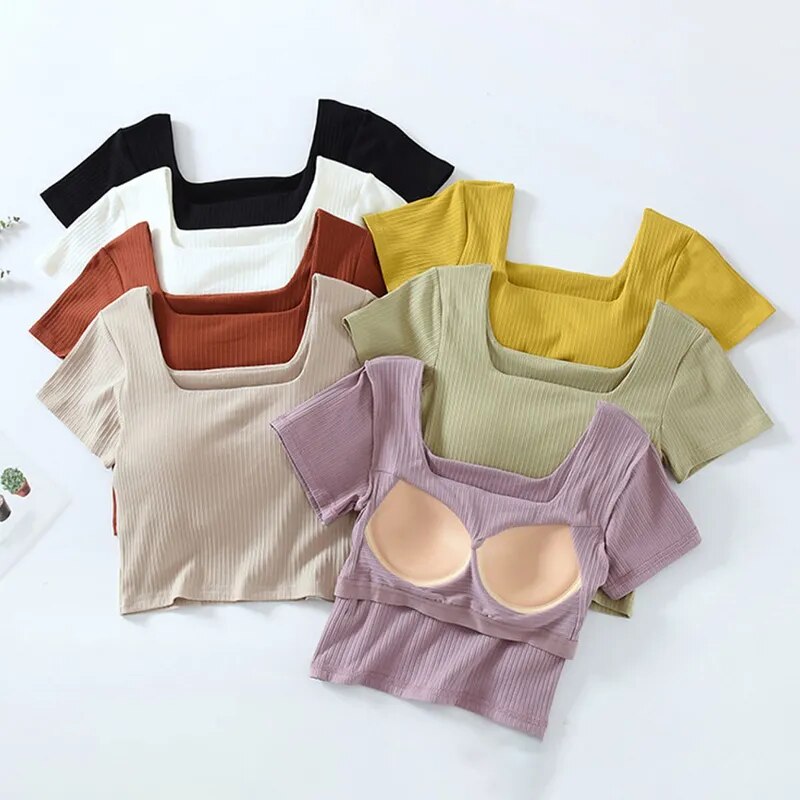 T Shirt Crop Bra Top with Built In Bra Cotton