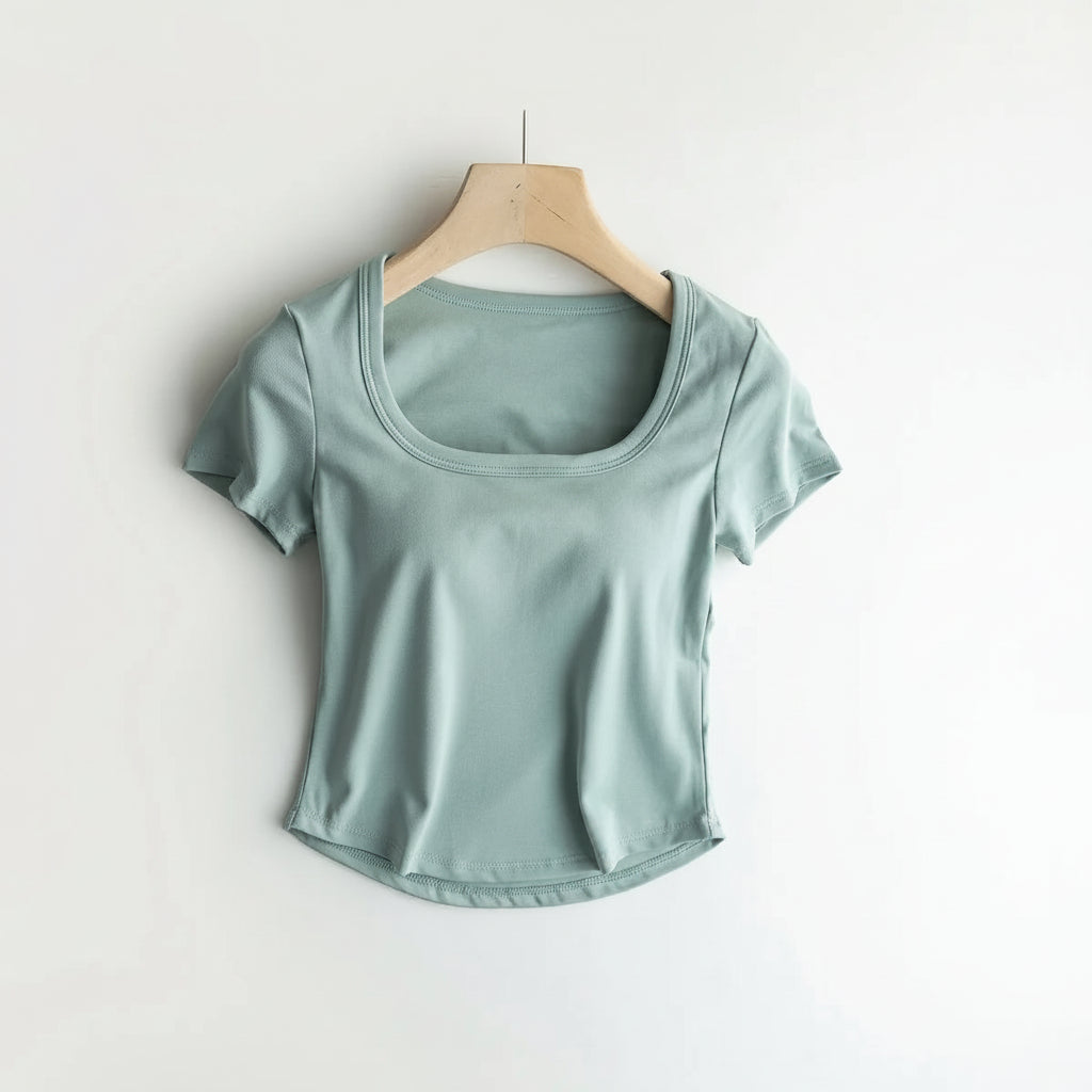 Cotton Scooped Neck Built in Bra T-Shirt Crop Length