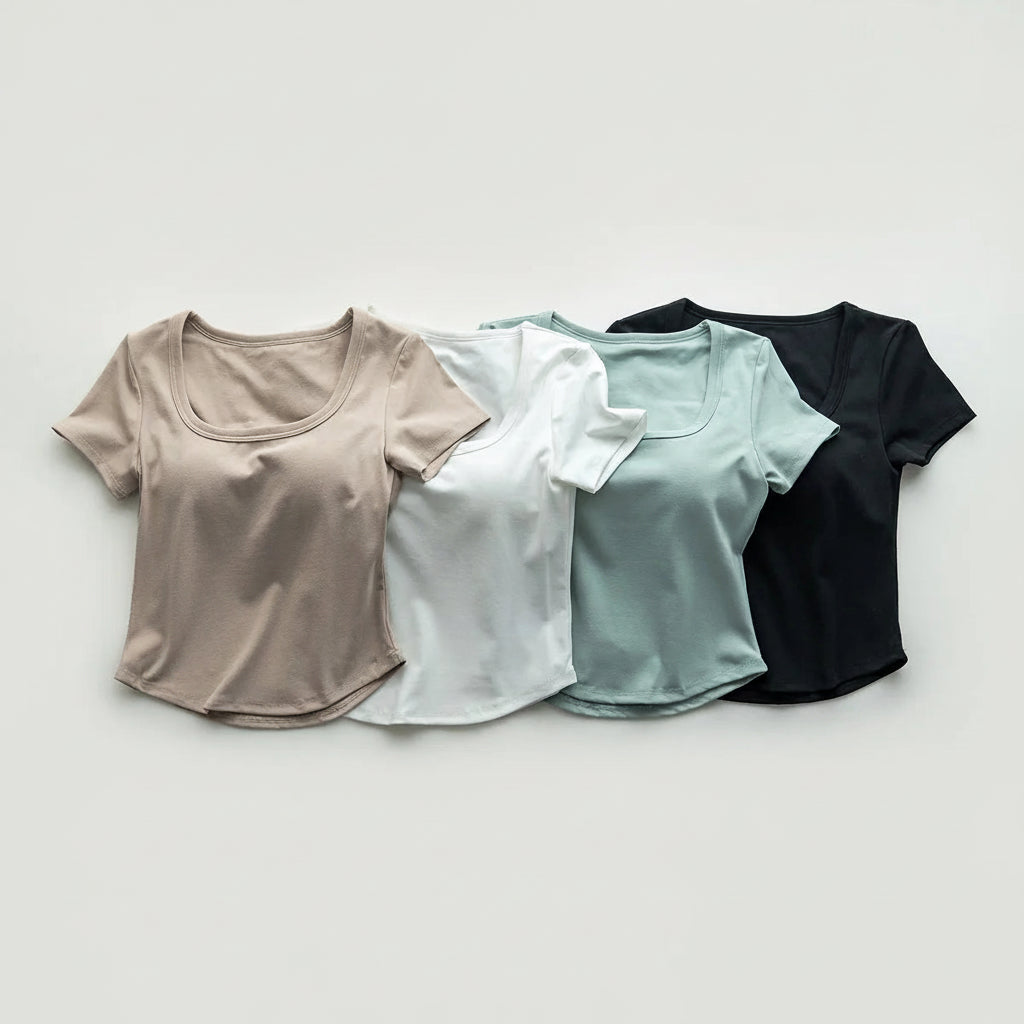 Cotton Scooped Neck Built in Bra T-Shirt Crop Length