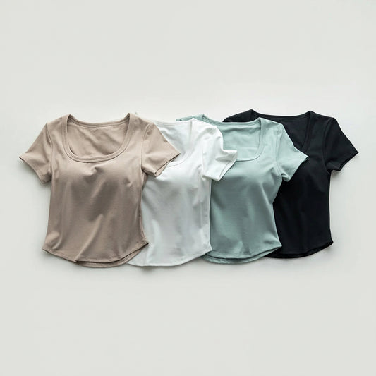 Cotton Scooped Neck Built in Bra T-Shirt Crop Length