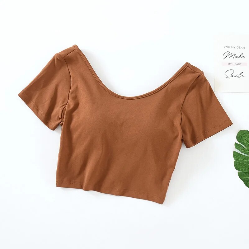 Summer Crop Tops with Built in Bra Round Neck Cotton