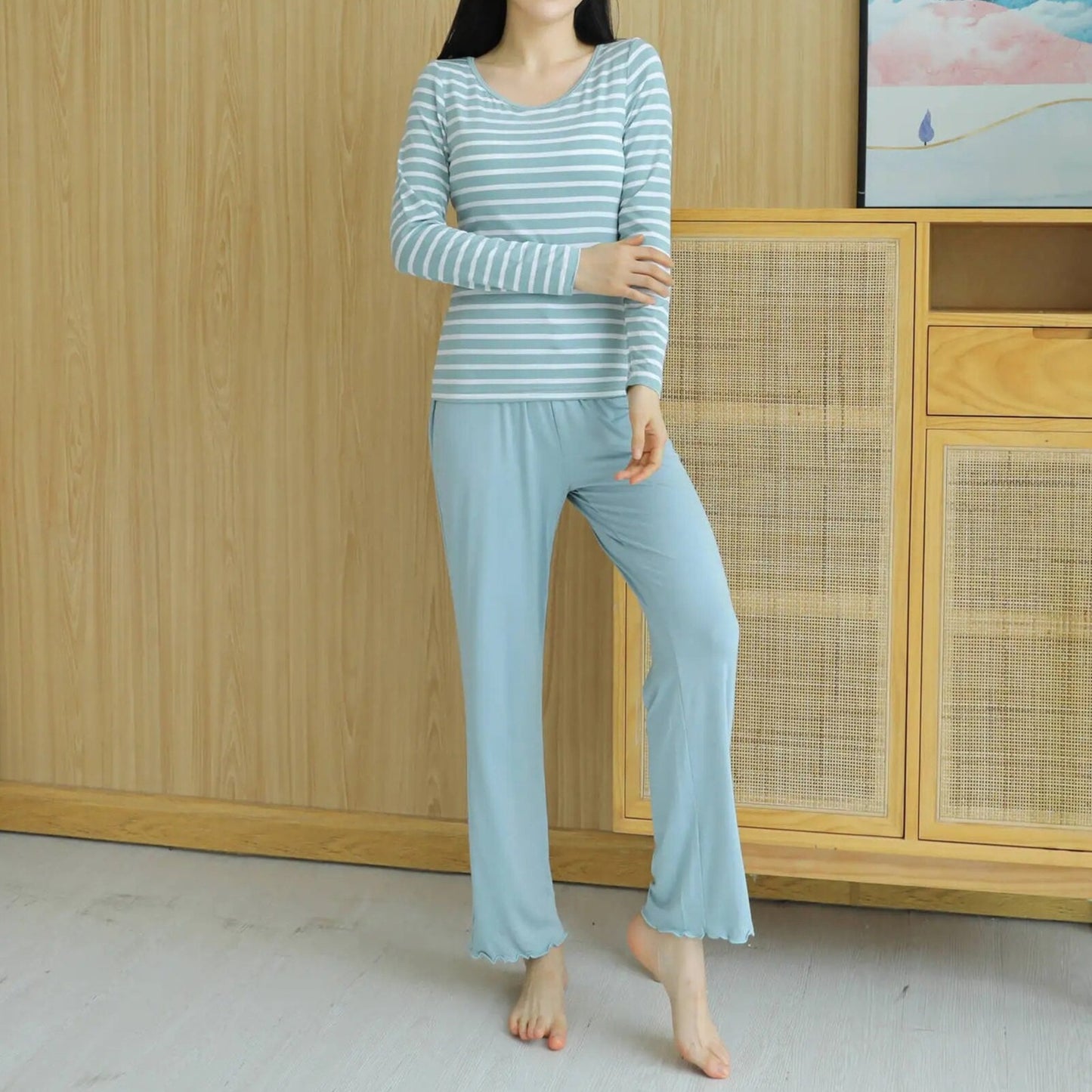 Long Sleeve Two Piece Pyjama Set Built In Bra