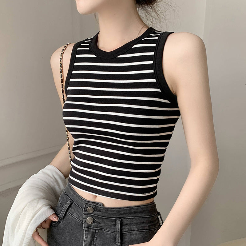 Summer Crop Tops with Built In Bra Knitted Striped Cotton