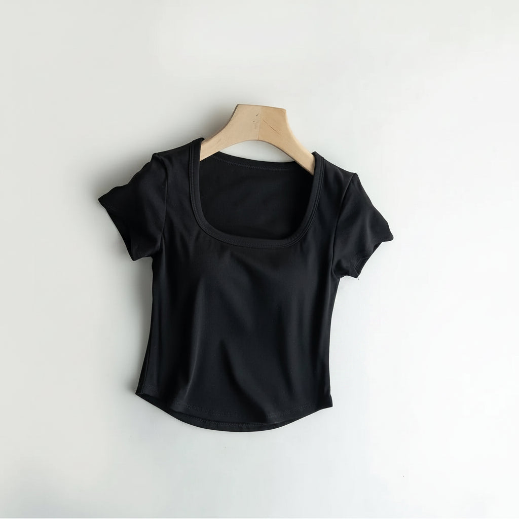 Cotton Scooped Neck Built in Bra T-Shirt Crop Length