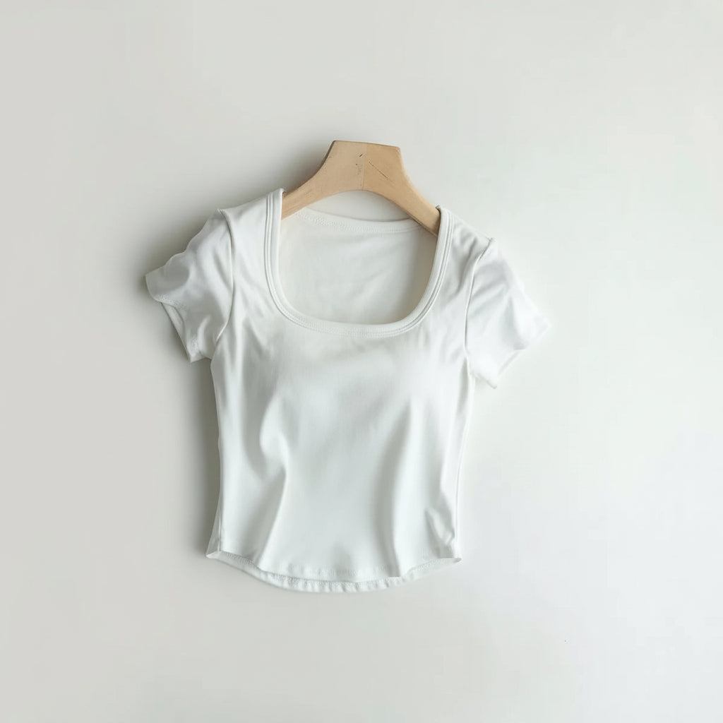 Cotton Scooped Neck Built in Bra T-Shirt Crop Length