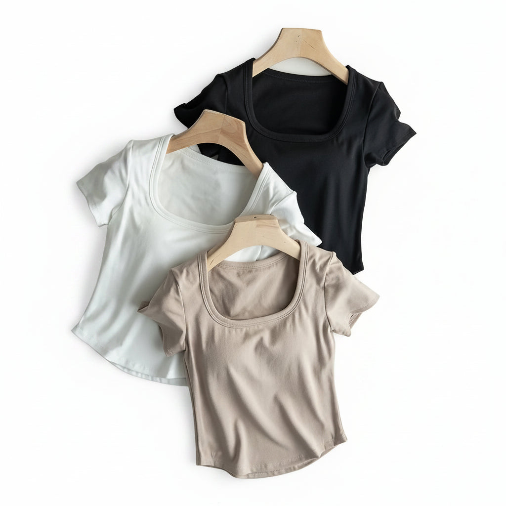 Cotton Scooped Neck Built in Bra T-Shirt Crop Length