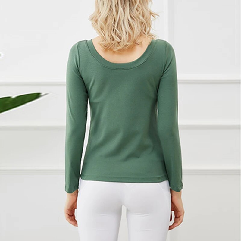 Long Sleeve Top With Built In Bra V Neck Cotton