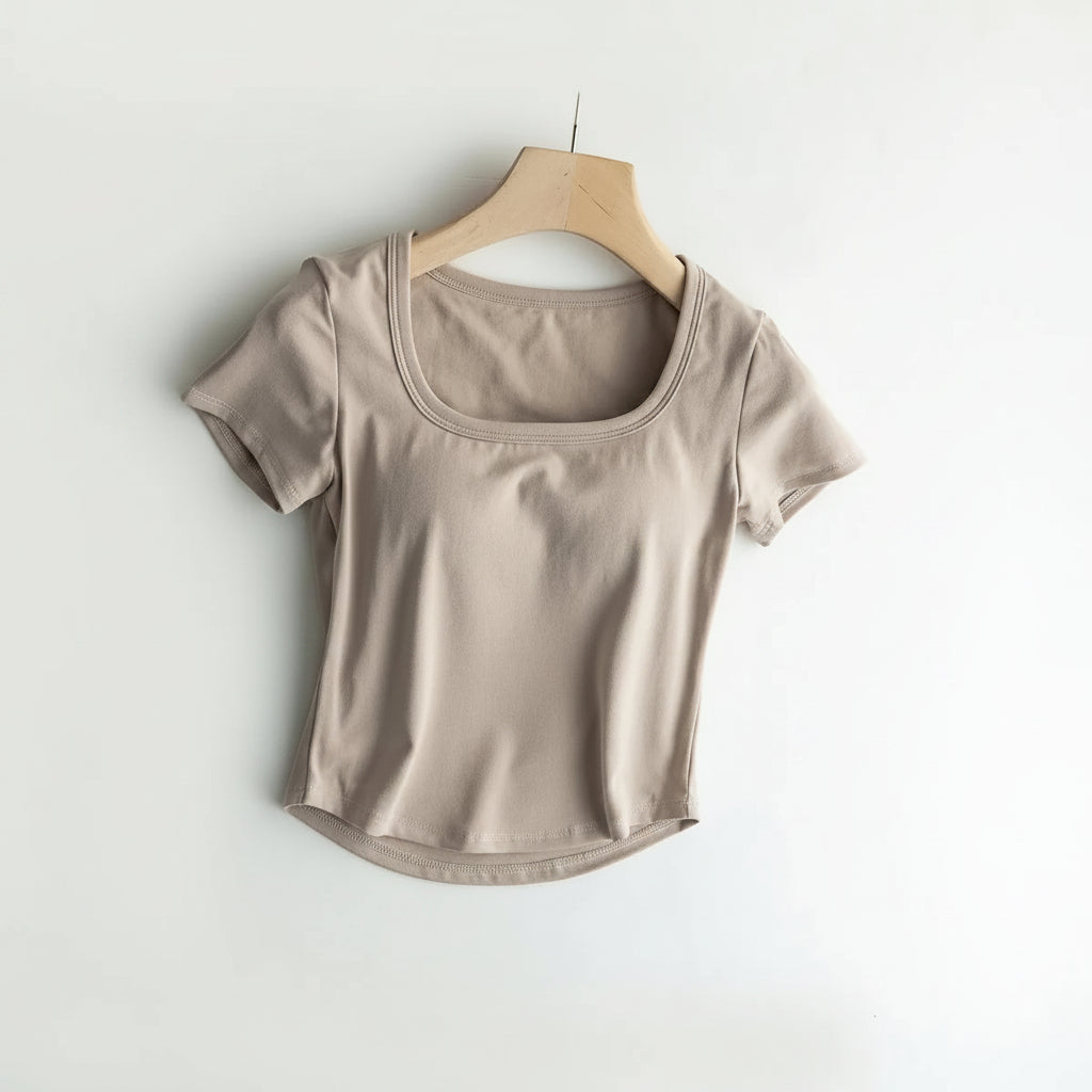Cotton Scooped Neck Built in Bra T-Shirt Crop Length