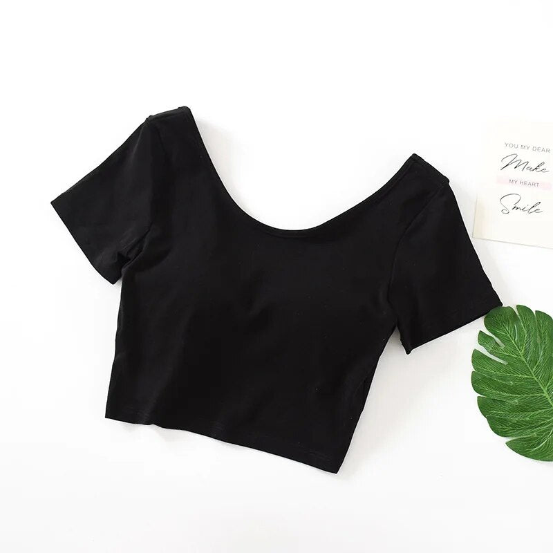 Summer Crop Tops with Built in Bra Round Neck Cotton