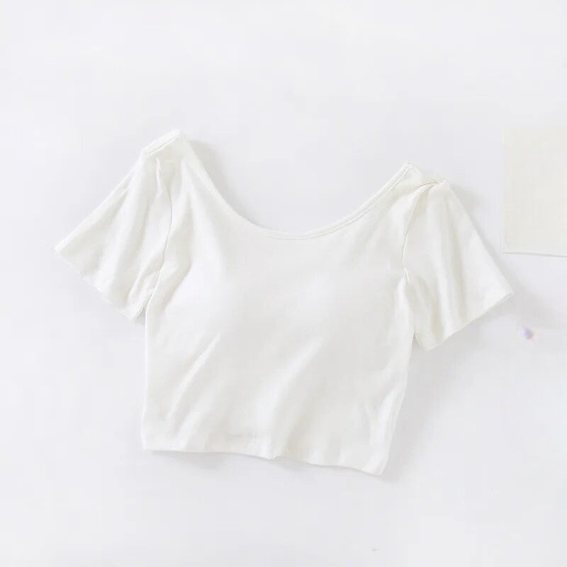 Summer Crop Tops with Built in Bra Round Neck Cotton