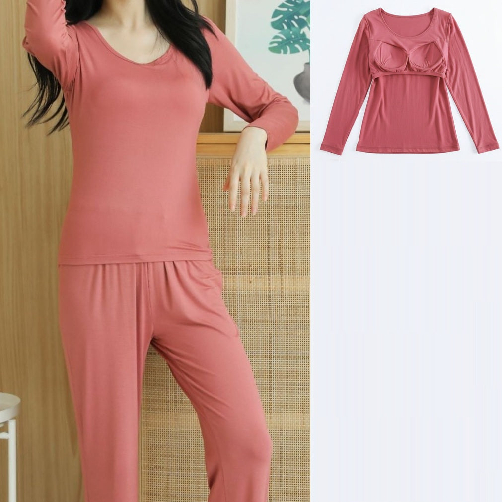 Two Piece Long Sleeve with Built In Bra Loungewear Pyjamas