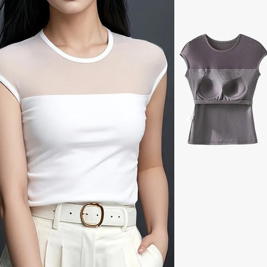 Built-In Bra T-Shirt Top with Sheer Mesh Panel