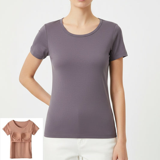 Cotton T-Shirt Tshirt with Built In Bra Top