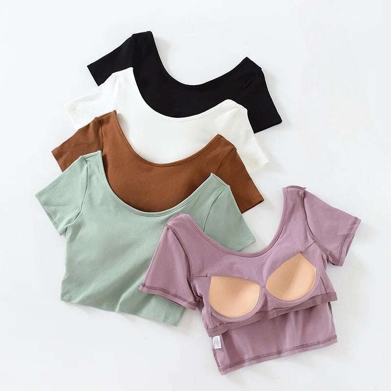 Summer Crop Tops with Built in Bra Round Neck Cotton