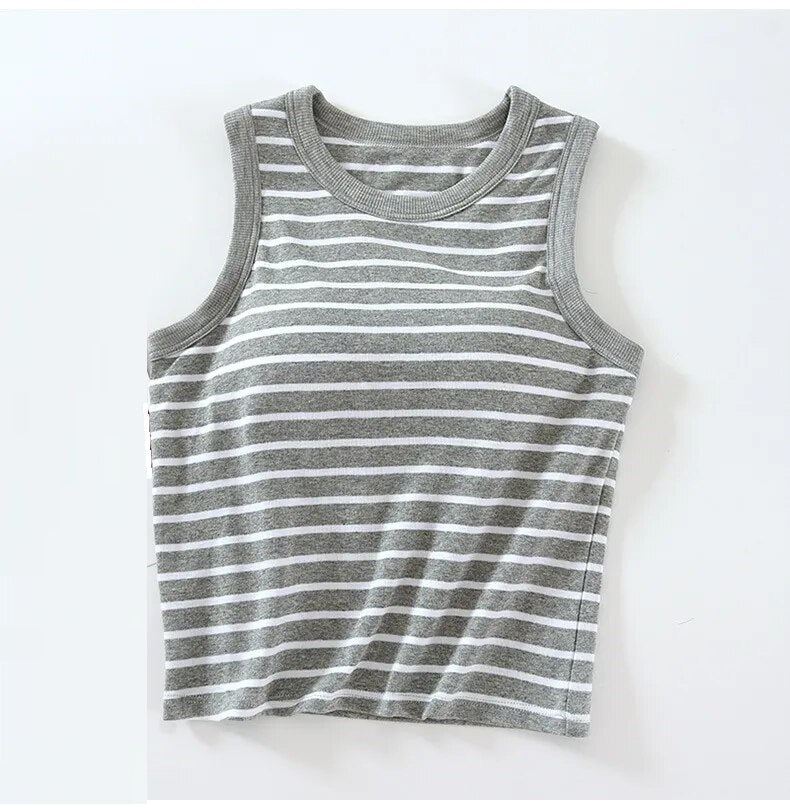 Summer Crop Tops with Built In Bra Knitted Striped Cotton