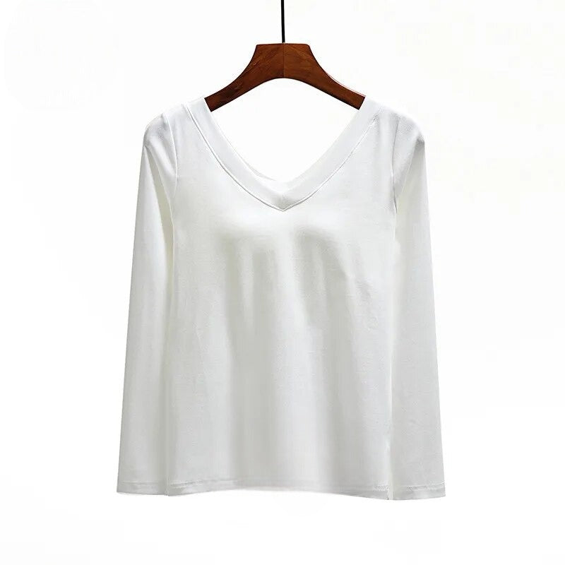 Long Sleeve Top With Built In Bra V Neck Cotton