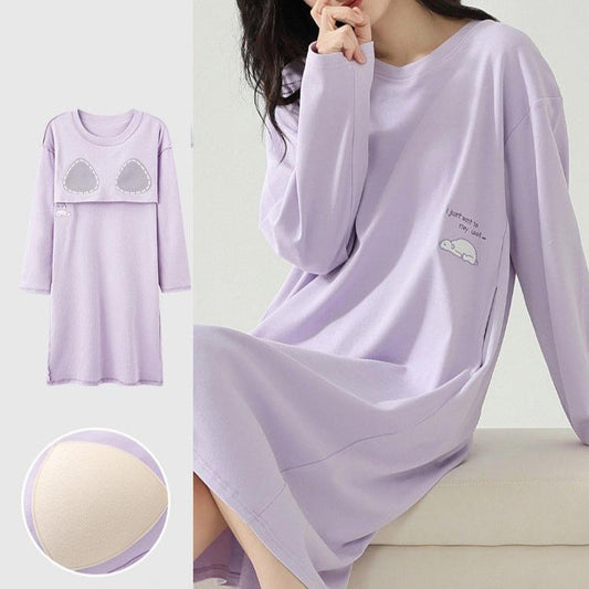 Long Sleeve Nightie with Inbuilt Chest Pads Cute Designs Cotton Plus size available