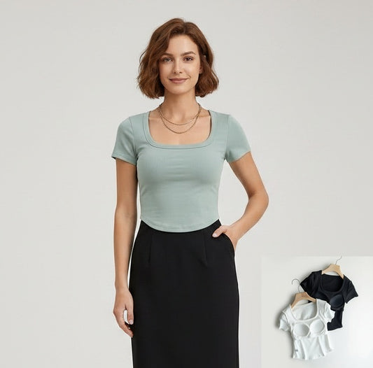 Cotton Scooped Neck Built in Bra T-Shirt Crop Length