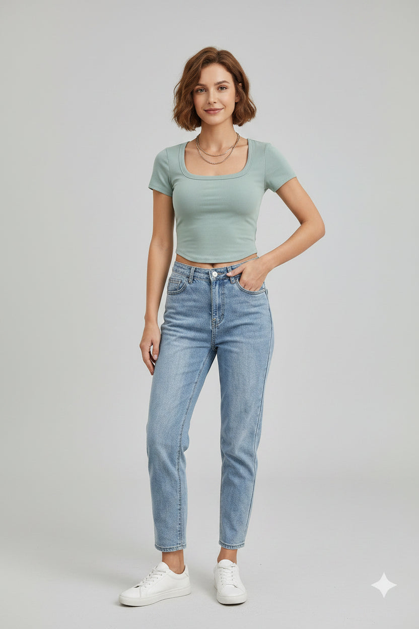 Cotton Scooped Neck Built in Bra T-Shirt Crop Length
