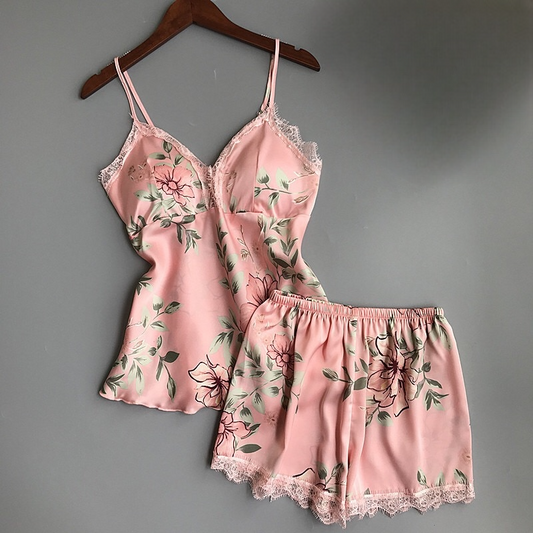 Lace Satin Floral PJ Set with Matching Shorts and Removable Cups