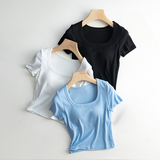 Scooped Neck Built in Bra T-Shirt Crop Length