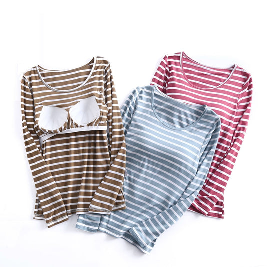 Striped Long Sleeve Built In Bra Top