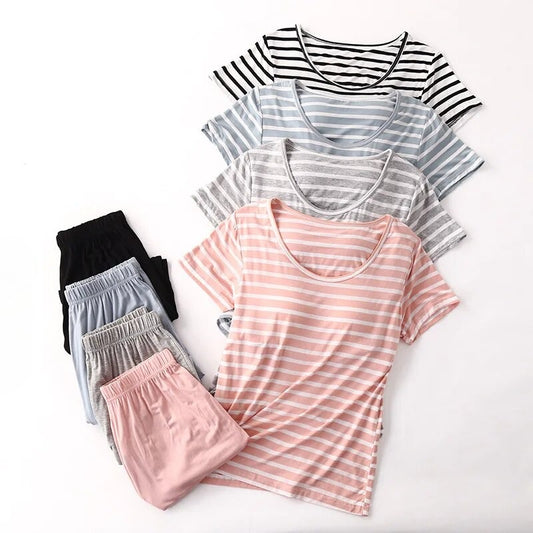 Two Piece Loungewear Pyjamas with Built in Bra Striped T-Shirt and Shorts