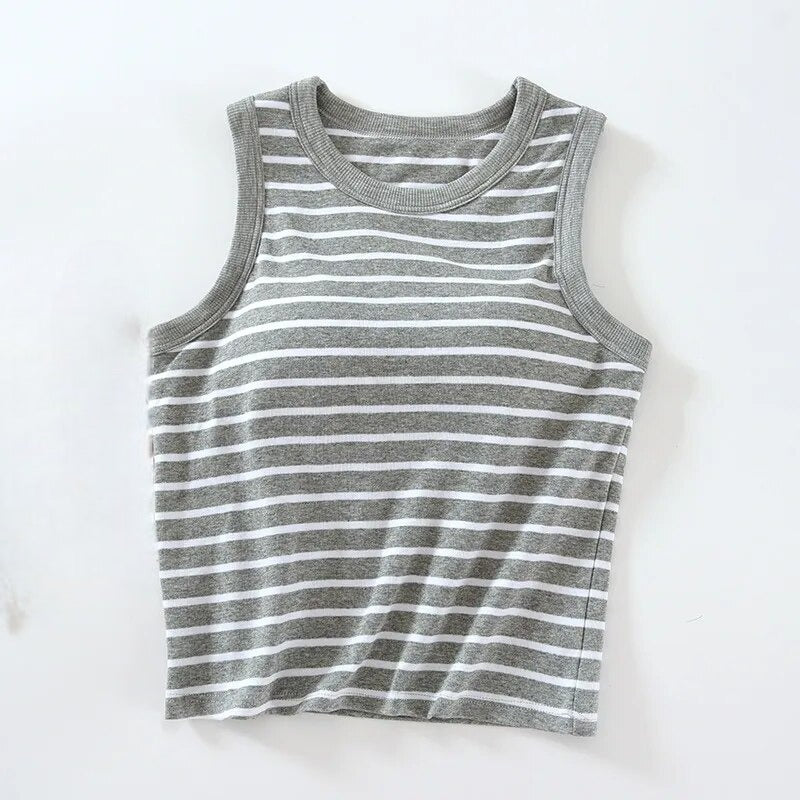 Summer Crop Tops with Built In Bra Knitted Striped Cotton